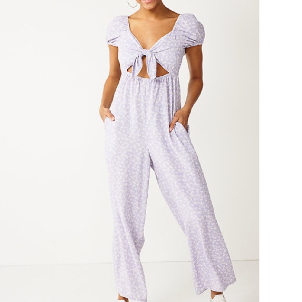 Rewind Floral Purple Cutout Tie Jumpsuit NWT